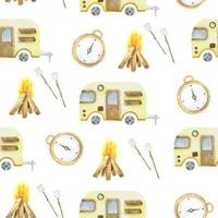 camping seamless pattern, seamless retro camping camper hand-drawn watercolor repeating pattern, on a white background. Yellow camper, campfire, marshmallow, compass vector