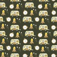 camping seamless pattern, seamless retro camping camper hand-drawn watercolor repeating pattern, on abrown background. Yellow camper, campfire, marshmallow, compass vector