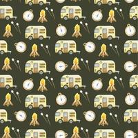 camping seamless pattern, seamless retro camping camper hand-drawn watercolor repeating pattern, on abrown background. Yellow camper, campfire, marshmallow, compass vector