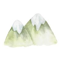 Watercolor mountains. Green mountains with snow-capped peaks Template for banner, poster, packaging, postcard, web design. Hand Drawn illustration. vector