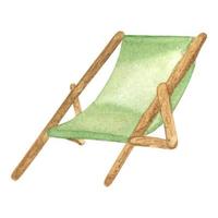 a chaise longue with a green seat and wooden legs painted in watercolor. tourist chair for outdoor recreation vector