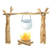 a watercolor camp pot with soup hanging on a wooden log.A hand-drawn journey cooking food on a campfire. illustration of camping food in a cauldron for design.Outline the Way of Life in the Forest. vector