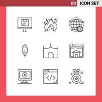 paquete de 9 signos y símbolos de contornos modernos para medios de impresión web, como la construcción de castillos, escritura de tinta conectada, elementos de diseño de vectores editables multijugador