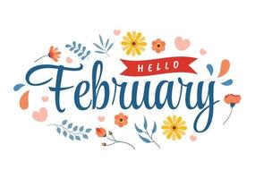 Hello February Month with Flowers, Hearts, Leaves and Cute Lettering for Decoration Background in Flat Cartoon Hand Drawn Templates Illustration vector