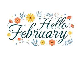 Hello February Month with Flowers, Hearts, Leaves and Cute Lettering for Decoration Background in Flat Cartoon Hand Drawn Templates Illustration vector