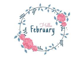 Hello February Month with Flowers, Hearts, Leaves and Cute Lettering for Decoration Background in Flat Cartoon Hand Drawn Templates Illustration vector