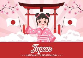 Happy Japan National Foundation Day on February 11 with Famous Japanese Landmarks and Flag in Flat Style Cartoon Hand Drawn Templates Illustration vector