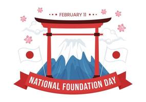 feliz día de la fundación nacional de japón el 11 de febrero con famosos monumentos japoneses y bandera en estilo plano ilustración de plantillas dibujadas a mano de dibujos animados vector