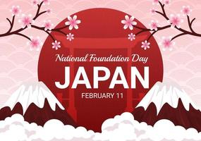 feliz día de la fundación nacional de japón el 11 de febrero con famosos monumentos japoneses y bandera en estilo plano ilustración de plantillas dibujadas a mano de dibujos animados vector