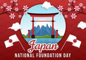 feliz día de la fundación nacional de japón el 11 de febrero con famosos monumentos japoneses y bandera en estilo plano ilustración de plantillas dibujadas a mano de dibujos animados vector