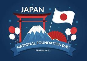 feliz día de la fundación nacional de japón el 11 de febrero con famosos monumentos japoneses y bandera en estilo plano ilustración de plantillas dibujadas a mano de dibujos animados vector