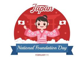 feliz día de la fundación nacional de japón el 11 de febrero con famosos monumentos japoneses y bandera en estilo plano ilustración de plantillas dibujadas a mano de dibujos animados vector