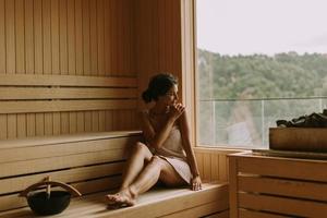 Young woman relaxing in the sauna photo