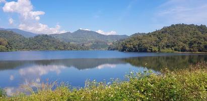vista del paisaje del lago o río con reflejo, montaña verde y fondo de cielo azul en el embalse de huai bon chiang mai, tailandia. parque, belleza de la naturaleza y papel tapiz natural. punto de referencia para viajar. foto