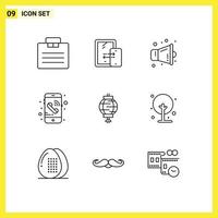 Modern Set of 9 Outlines Pictograph of decoration china megaphone lantern mobile Editable Vector Design Elements