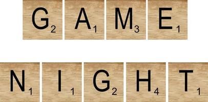 Watercolor illustration of wooden scrabble tiles with lettering Game Night to compose scrabble party invitation and decor. vector