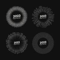 juego de cuatro fuegos artificiales con inscripción 2023 y feliz año nuevo. explosión con rayos de línea tarjeta de navidad aislada sobre fondo negro. ilustración vectorial vector