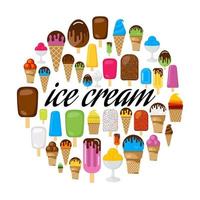 conjunto de helados de colores en círculo. helado de inscripción negra en el centro. helado multicolor aislado sobre fondo blanco. ilustración vectorial vector