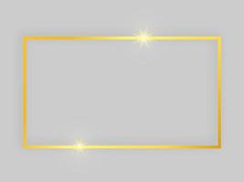 Shiny frame with glowing effects. Gold rectangular frame with shadow on grey background. Vector illustration