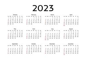 Calendar for 2023 isolated on a white background. Sunday to Monday, business template. Vector illustration