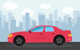 Red sports car in the background of skyscrapers in the afternoon. Vector illustration.