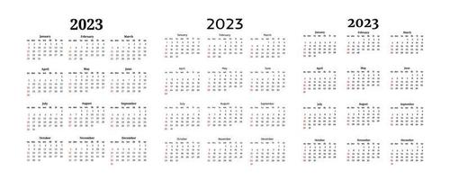 Set of three calendars for 2023 isolated on a white background. Sunday to Monday, business template. Vector illustration