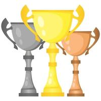 conjunto de copas de campeón de trofeos vectoriales en oro, plata y bronce. premios de campeonato para el primer, segundo y tercer lugar. símbolos de victoria aislados sobre fondo blanco. vector