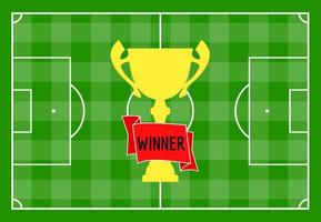 Football field with green grass and with a gold cup with a red ribbon. Vector illustration