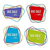 Set of four big sale stickers with abstract colorful chaotic lines around. Vector illustration