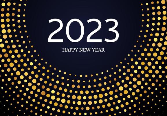 2023 Happy New Year of gold glitter pattern in circle form. Abstract gold glowing halftone dotted background for Christmas holiday greeting card on dark background. Vector illustration