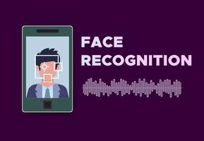 Face recognition. Mobile phone with program of face recognition on the screen. Vector illustration.