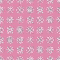 Seamless background of hand drawn snowflakes. White snowflakes on pink background. Christmas and New Year decoration elements. Vector illustration.