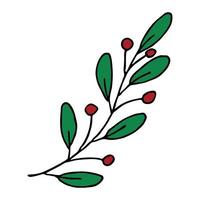 Hand drawn branch with berries and leaves. Christmas doodle. Winter clipart. Single design element vector