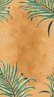 Autumn vector watercolor background with leaves, palm leaf. Green tropical leaves on light brown background.