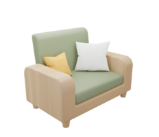 3D green armchair with pillow on transparent background. sofa. chair. Furniture for the home. 3D rendering png