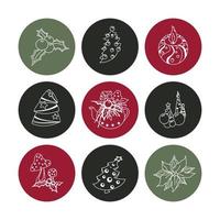 Set of hand-drawn christmas and winter doodle elements in vector. Festive collection isolated on white background. Design for icons, buttons, holidays. Gifts, trees, pastry, presents, gingerbread. vector
