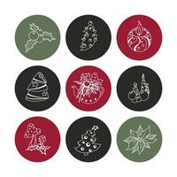 Set of hand-drawn christmas and winter doodle elements in vector. Festive collection isolated on white background. Design for icons, buttons, holidays. Gifts, trees, pastry, presents, gingerbread. vector