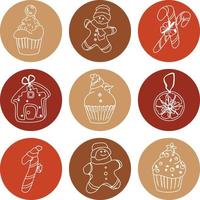 Set of hand-drawn christmas and winter doodle elements in vector. Festive collection isolated on white background. Design for icons, buttons, holidays. Gifts, trees, pastry, presents, gingerbread. vector