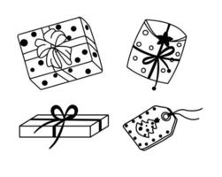 Set of hand-drawn christmas and winter doodle elements in vector. Festive collection isolated on white background. Design for icons, buttons, holidays. Gifts, trees, pastry, presents, gingerbread. vector