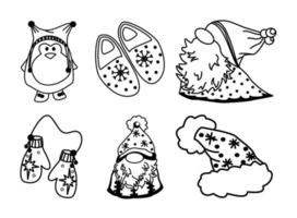 conjunto de elementos de doodle de navidad e invierno dibujados a mano en vector. colección festiva aislada sobre fondo blanco. diseño para iconos, botones, vacaciones. regalos, árboles, pasteles, regalos, pan de jengibre. vector