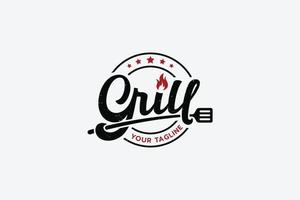 a simple grill logo with a combination of stylist grill lettering, spatula, fire and stars, vector