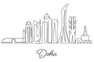 Doha City of Qatar skyline. Simple One line continuous line drawing art for tourism business concept and advertisement. Single line hand drawn style design. vector