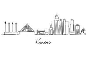 One continuous line drawing of Kansas city skyline. Beautiful landmark. World landscape tourism travel home wall decor poster print. Stylish single line draw graphic design vector illustration