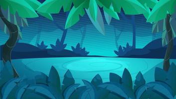 pantalla de bienvenida del juego del bosque de la selva, noche mágica oscura de fondo horizontal en estilo de dibujos animados. elementos de diseño de interfaz de usuario árboles, plantas, hojas. ilustración vectorial vector