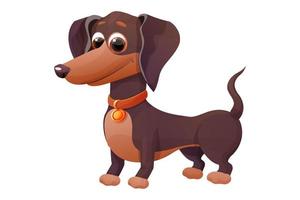 lindo cachorro dachshund, de pie y sonriendo en estilo de dibujos animados, personaje de mascota brillante aislado sobre fondo blanco. ilustración vectorial vector