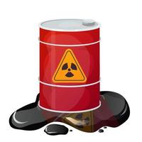 Metal red barrel toxic, dangerous sign with liquid around, waste, pollution in cartoon style isolated on white background. Radioactive, flammable material. Vector illustration