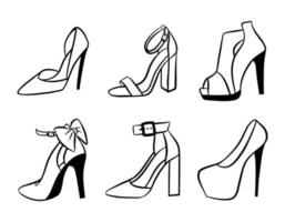 conjunto de iconos de zapatos de mujer aislado sobre fondo blanco. ilustración de moda vectorial dibujada a mano de contorno negro. silueta de contorno de belleza y glamour. elemento de diseño de logotipo.