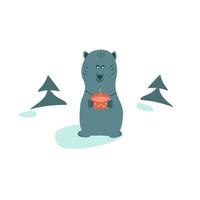 Funny animal with a mug in his hands among the fir trees. Image of a drawn bear in vector. vector