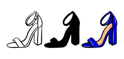 Woman shoes icon set isolated on white background. Colorful hand drawn vector fashion illustration. Beauty and glamour outline silhouette. Logo design element.