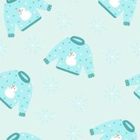 Seamless winter pattern with a sweater and snowflakes on a blue background. Vector